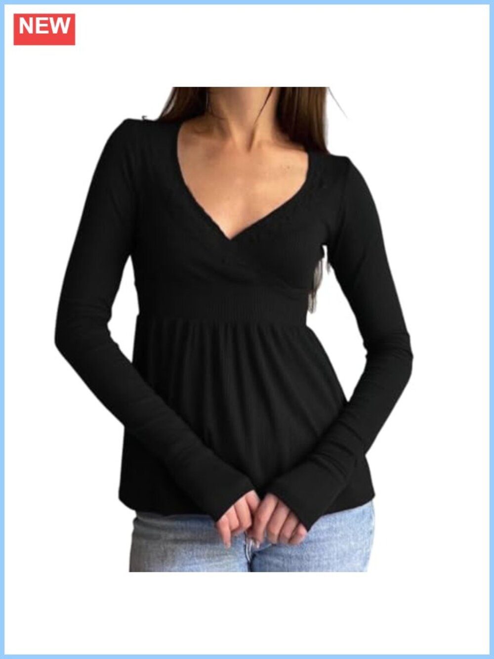 Women Long Sleeve Babydoll Peplum Top V Neck Ruffle Hem Y2k Grunge Tee